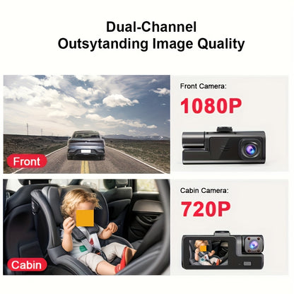 A Car Dash Cam with Memory Card Included, Optional Without Memory Card, 1080P Front Camera, 720P Rear Camera, Infrared Night Vision, Loop Recording