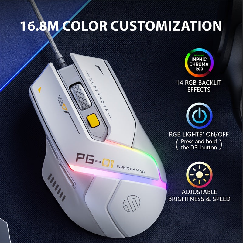 1pc INPHIC PG1 Wired Gaming Mouse, Ergonomic Design, Macro Programming, RGB Backlit, Optical Tracking, USB Plug-in, Windows 10 Compatible, Right-Handed, Plastic, No Battery Required
