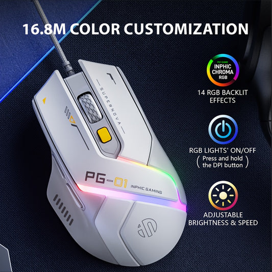 1pc INPHIC PG1 Wired Gaming Mouse, Ergonomic Design, Macro Programming, RGB Backlit, Optical Tracking, USB Plug-in, Windows 10 Compatible, Right-Handed, Plastic, No Battery Required