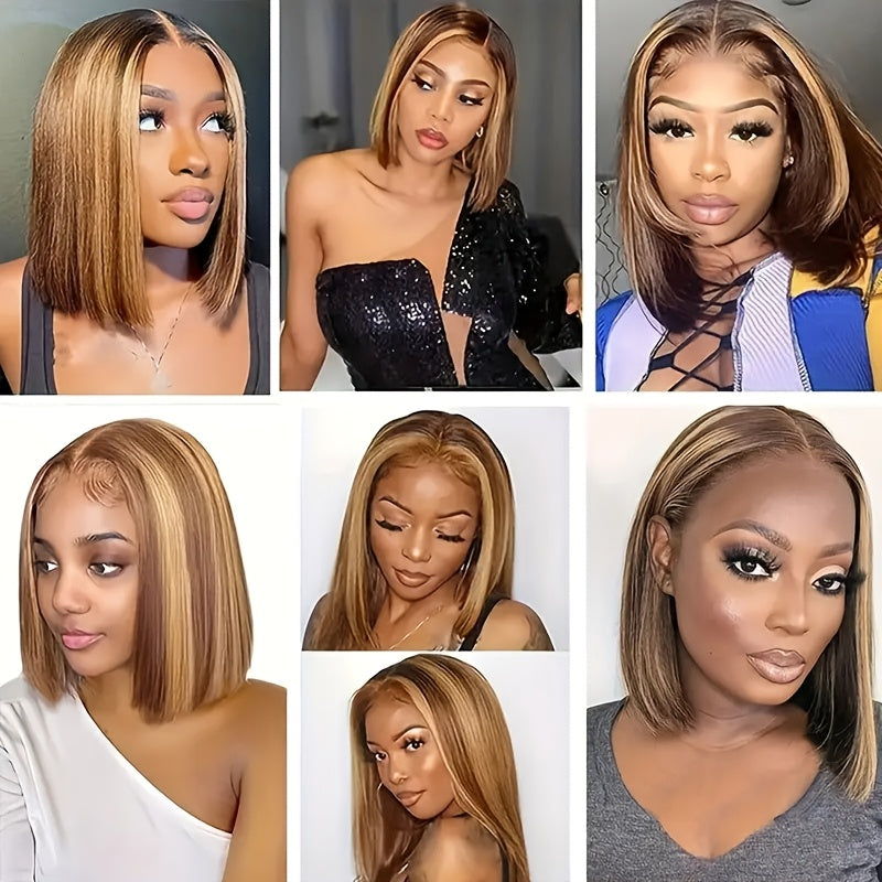 Easy-Wear Glueless Bone Straight Human Hair Wig with 13x4 HD Lace Closure - Pre-Plucked & Cut, Highlight Ombre Colors, 180% Density, Ready to Go for Women of All Ethnicities, Short Hair Wig