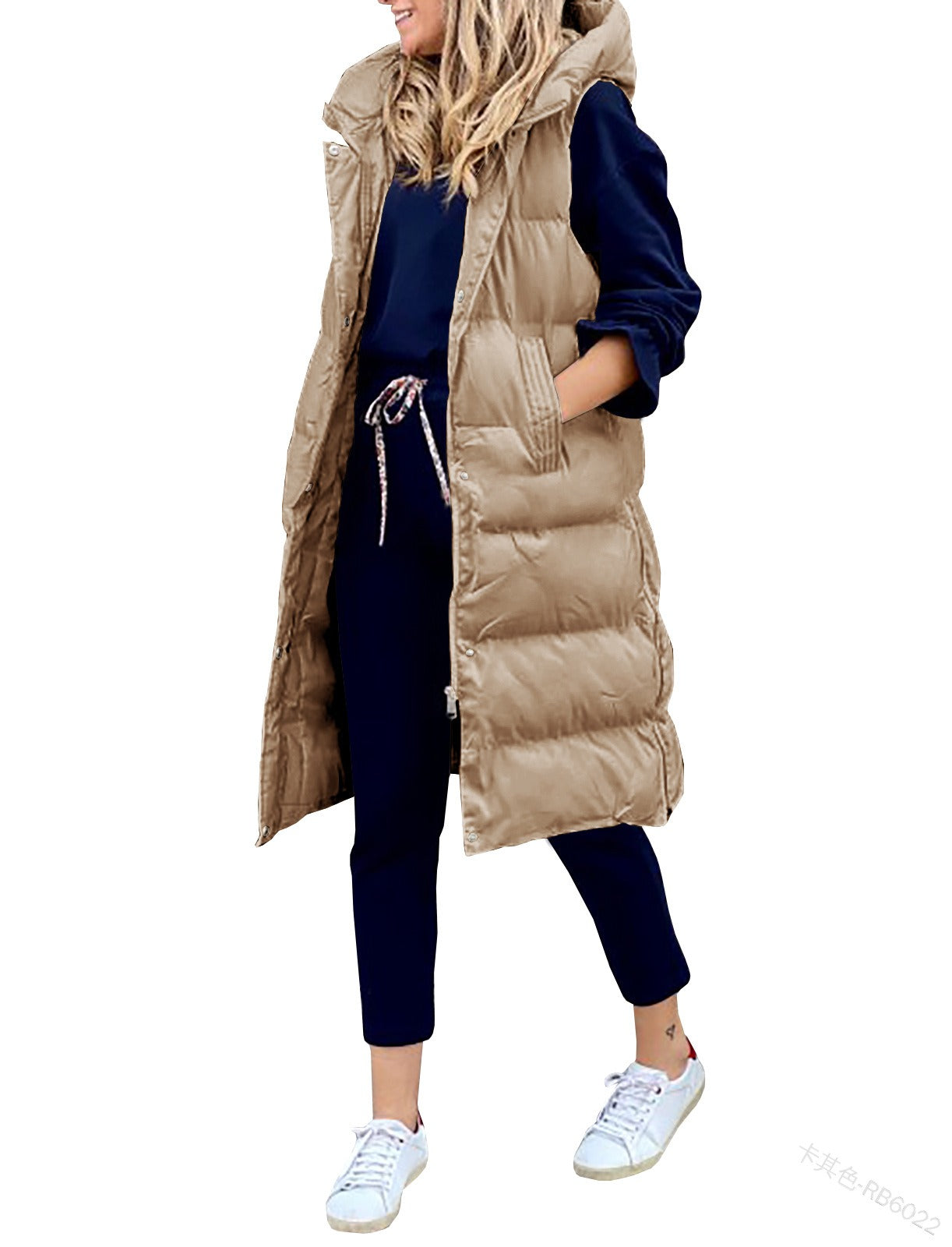 Solid Hooded Long Cotton Vest Casual Fashion Single Breasted Sleeveless Coat Women