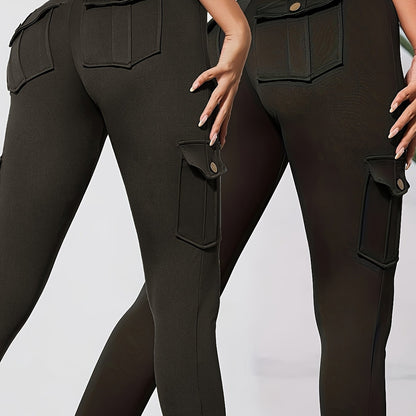 2pcs Women'S Cargo Leggings with Side Pockets - Olive Green & Black, Elastic Waistband, Mid-Rise, Stretchy Polyester Blend, Perfect for Outdoor & Casual Wear, Spring/Summer Collection, Versatile Clothing | Side Pocket Legging