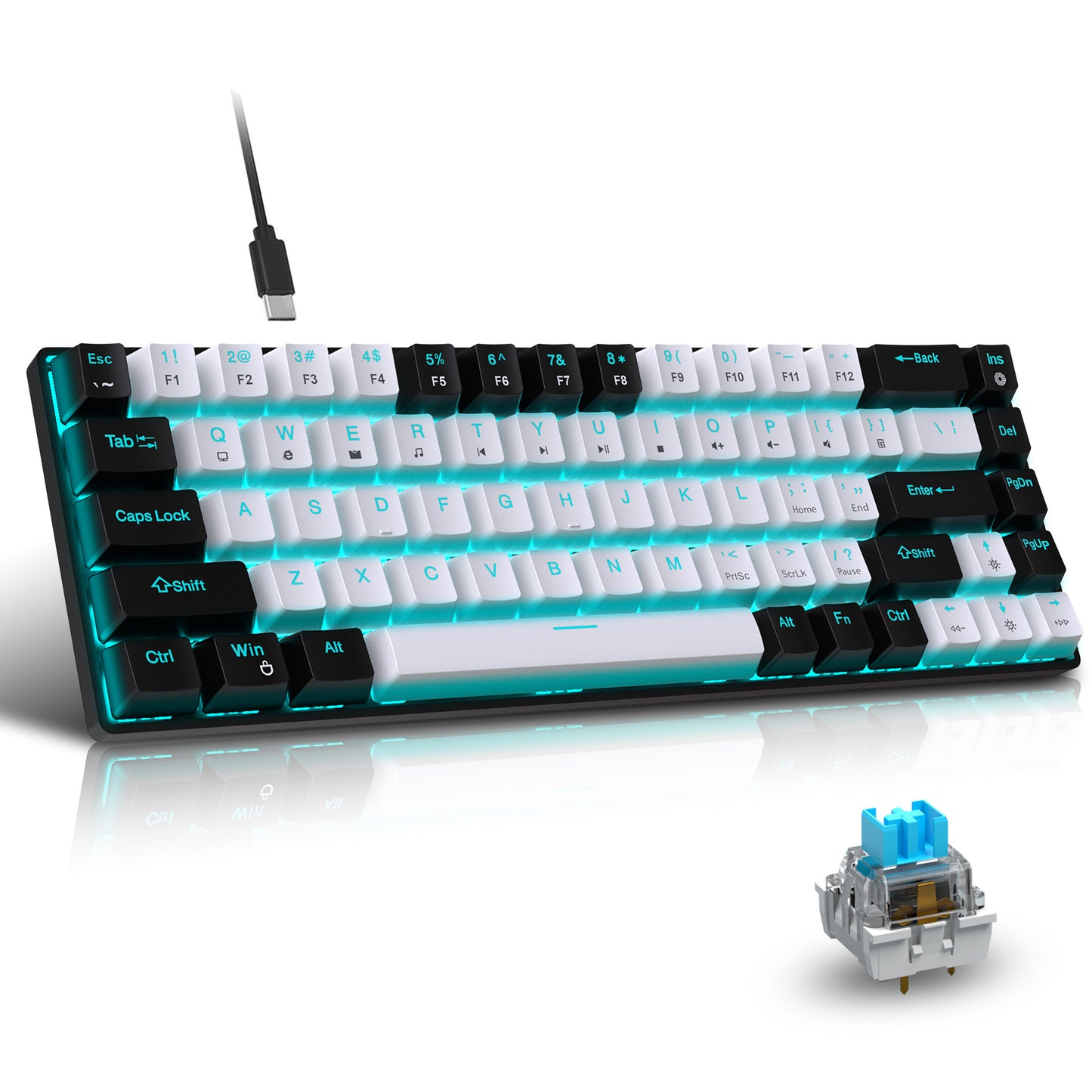 68 keys, 60% keyboard, customized color blocked keycaps, RGB mechanical keyboard, MINI set, plug-in blue axis ice blue disc