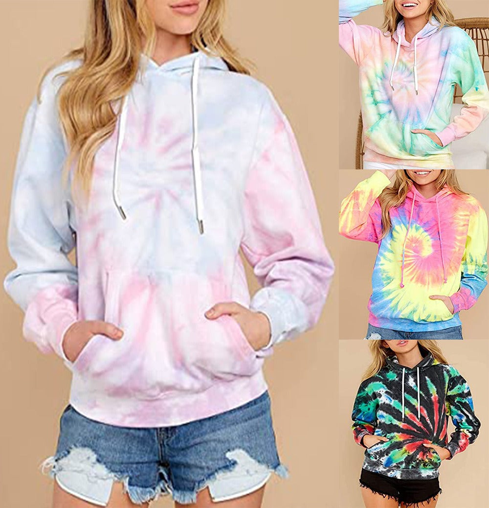 Europe and America Spring, Autumn and Winter New Women's Top Tie Dyed Hooded Long Sleeve Pocket Guards