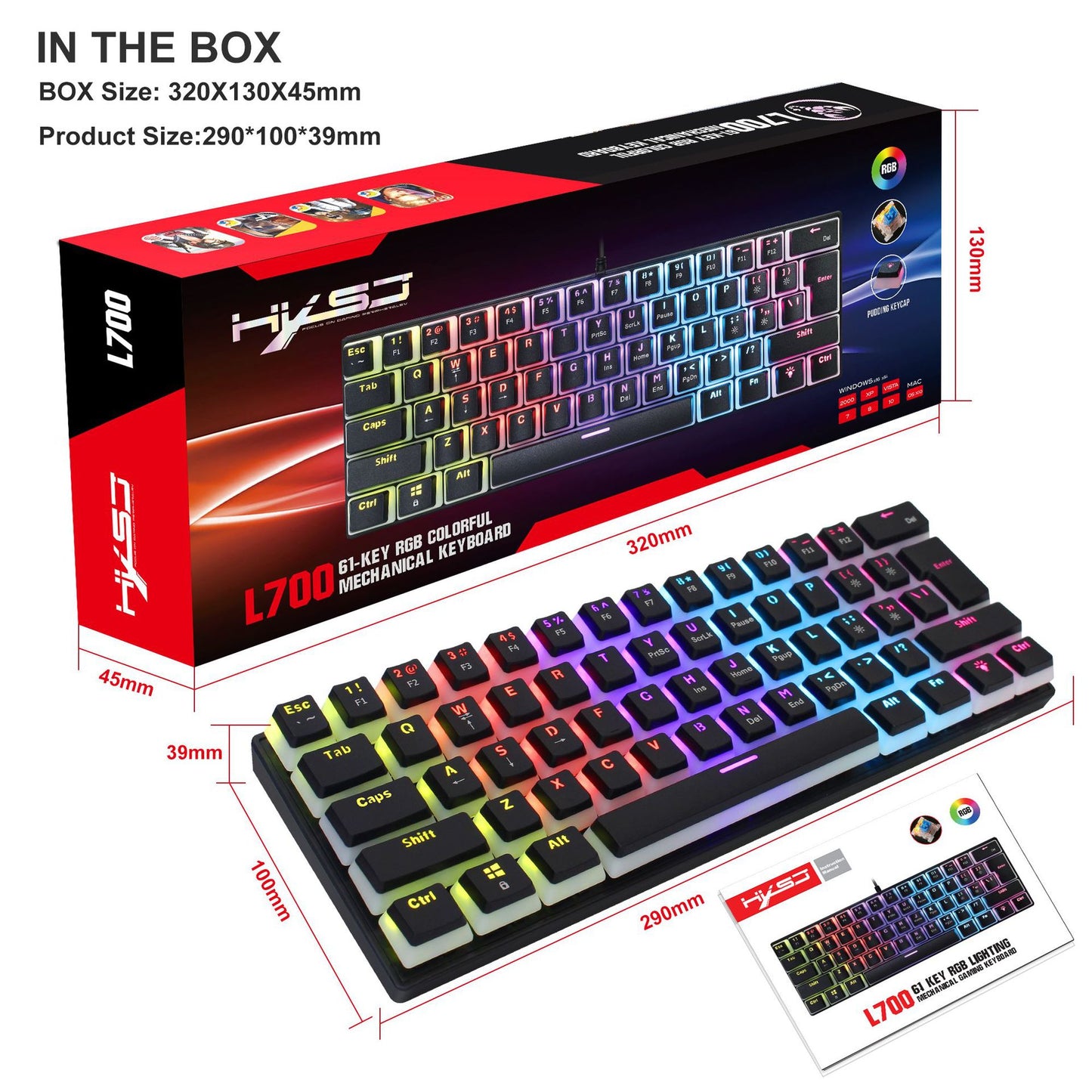 HXSJ new 61 key wired mechanical keyboard, blue axis pudding keycap, color backlit game, office and home use