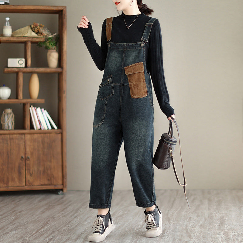 Color blocked oversized denim overalls women's jumpsuit