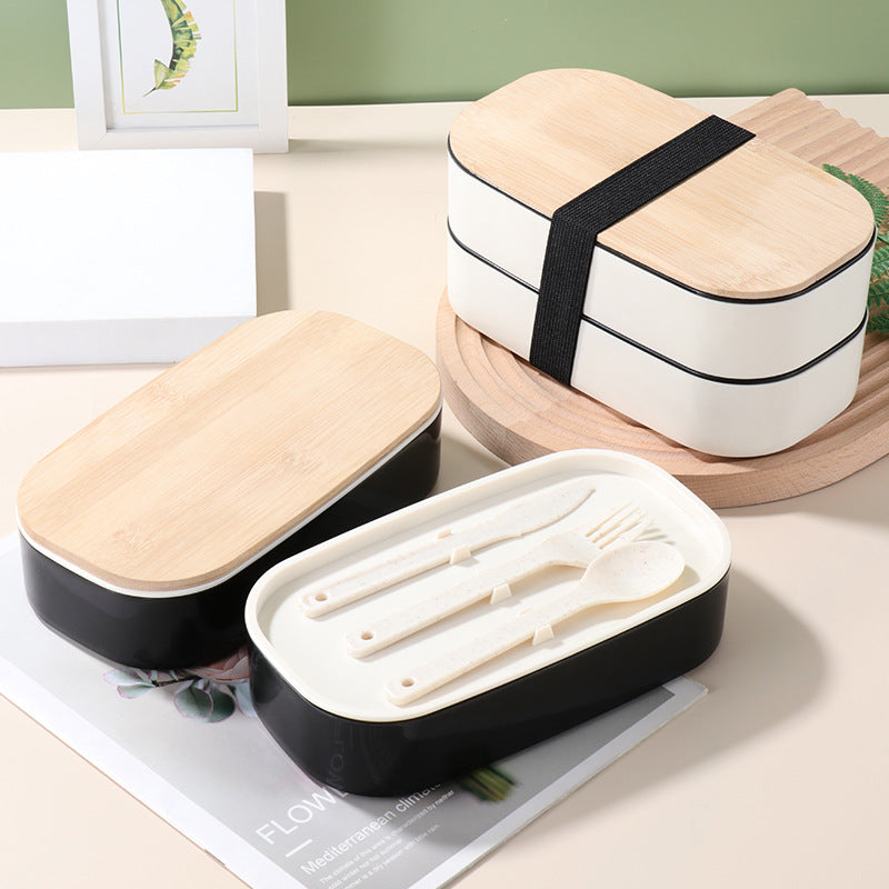 Japanese style simple bamboo lid double-layer sealed portable lunch box bento box with tableware