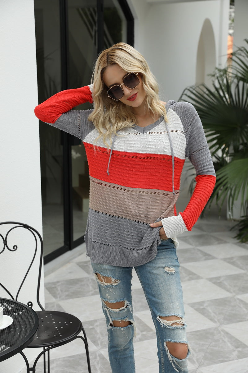 Fall/Winter Women's Long Sleeve Loose Hollow Contrast Color Knit Sweater Hooded Sweater