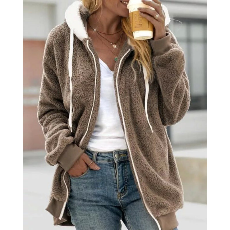 Autumn and winter loose plush zipper hooded jacket for women