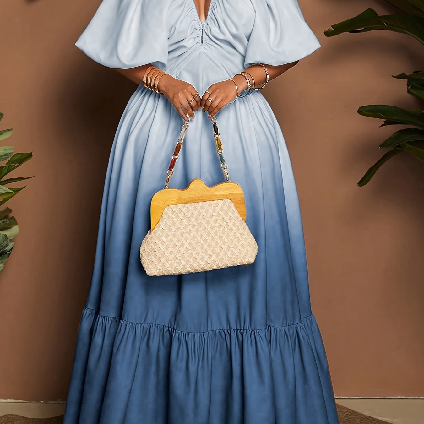 [Elegant Maxi Dress] Elegant Gradient Maxi Dress | Women's Deep V-Neck Lantern Sleeve A-Line Loose Fit with Zipper Back, Machine Washable for Vacation, Beach, Formal & Casual Occasions