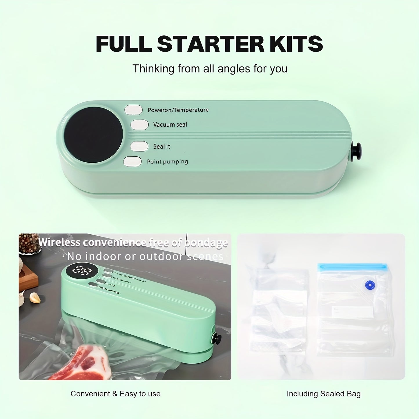 [Kolzp food vacuum sealer] Compact USB Rechargeable Vacuum Sealer Kit | Digital Display, Quick Sealing, Includes Pump & Airtight Bags | Food Preservation for Meat, Fruits, Vegetables | Space-Saving Design, Ideal Christmas Gif