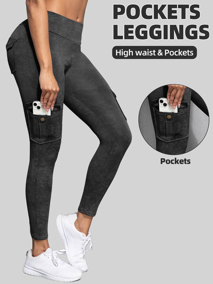 2pcs Women'S Cargo Leggings with Side Pockets - Olive Green & Black, Elastic Waistband, Mid-Rise, Stretchy Polyester Blend, Perfect for Outdoor & Casual Wear, Spring/Summer Collection, Versatile Clothing | Side Pocket Legging