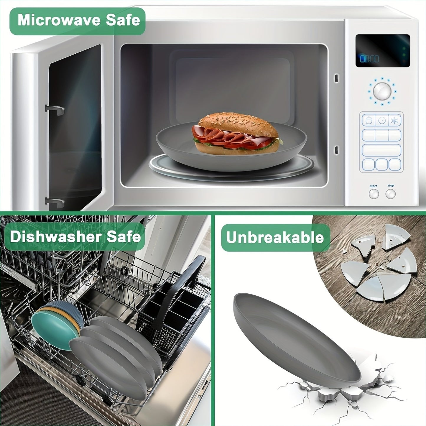 8/16pcs Grey Unbreakable High quality plastic Dinnerware Sets - Reusable, Lightweight, Microwave & Dishwasher Safe - 8pcs Plates, 4pcs Cups, 4pcs Bowls - for Camping, Picnics, RV, Dorm - Perfect Gift for Students & Outdoor En