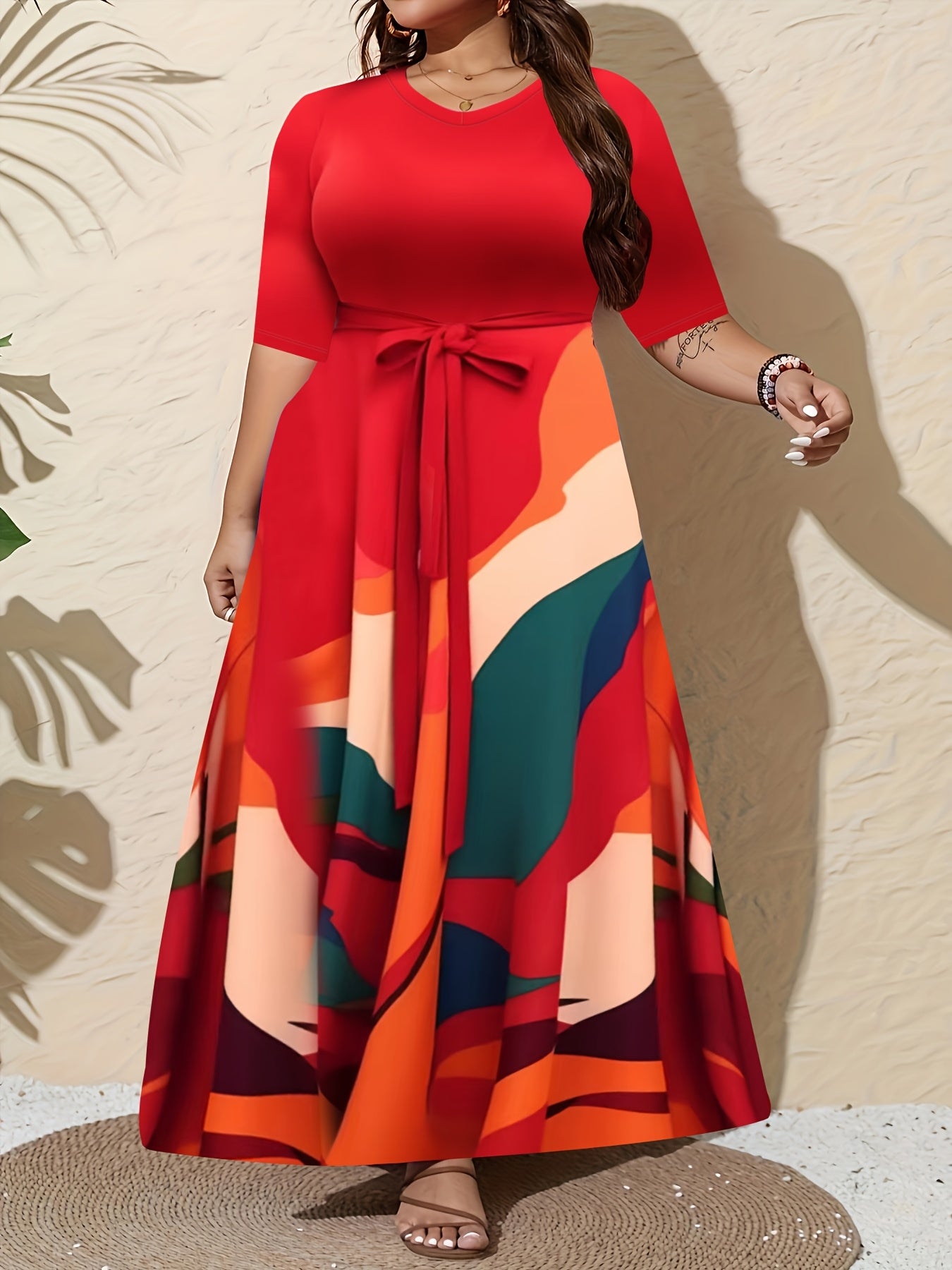 Plus Size Women'S Elegant V-Neck Dress with Contrast Print, 3/4 Sleeve Long Tunic Dress with Pockets and Adjustable Waist Belt - Perfect for Casual Outings, Spring/Summer/Fall, Casual Outing Attire|Vibrant Print Dress|Pockets