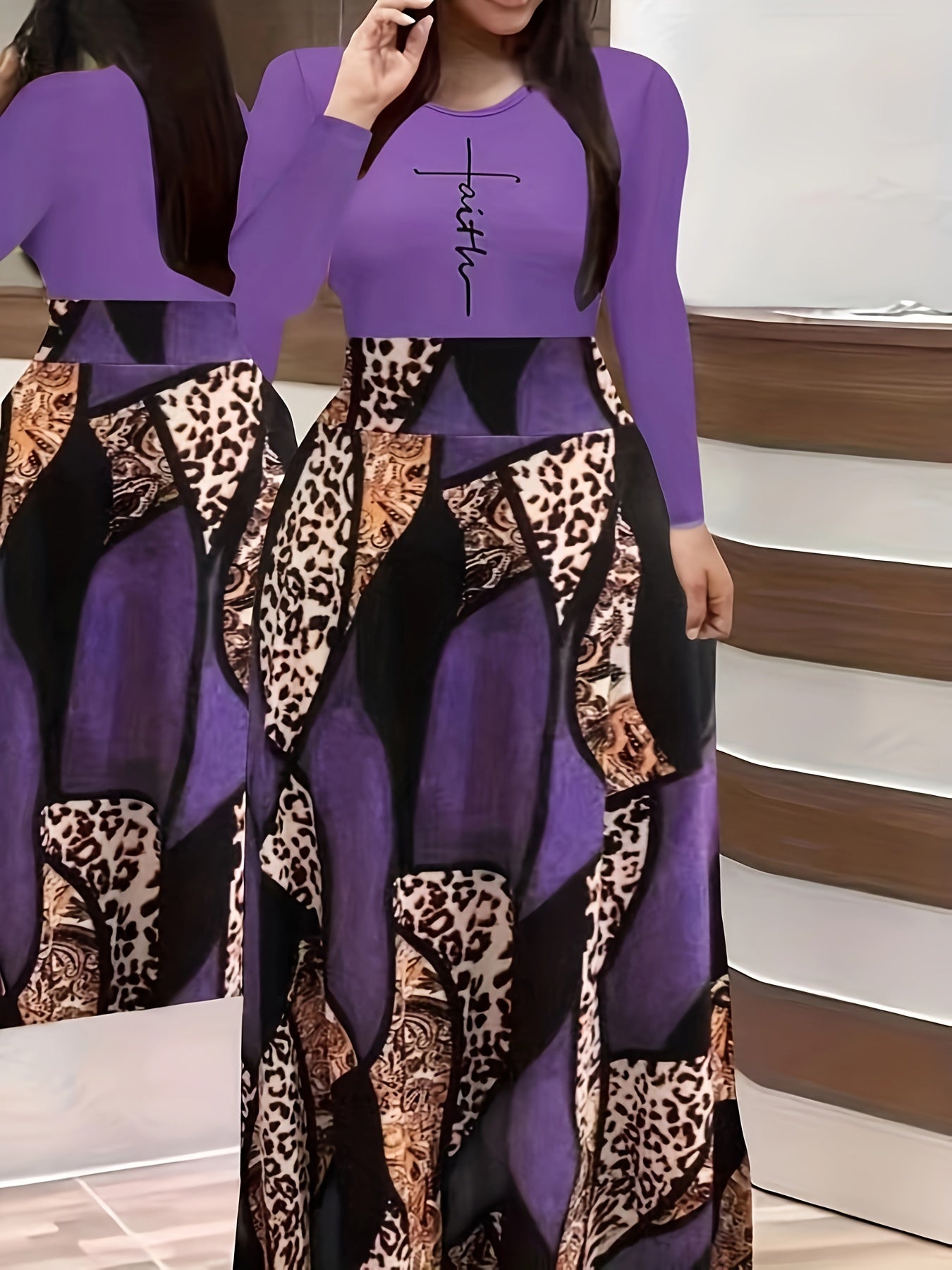 & Geo Print Dress, Casual Long Sleeve Ruffle Hem Slim Maxi Dress, Women's Clothing