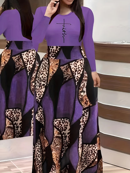 & Geo Print Dress, Casual Long Sleeve Ruffle Hem Slim Maxi Dress, Women's Clothing