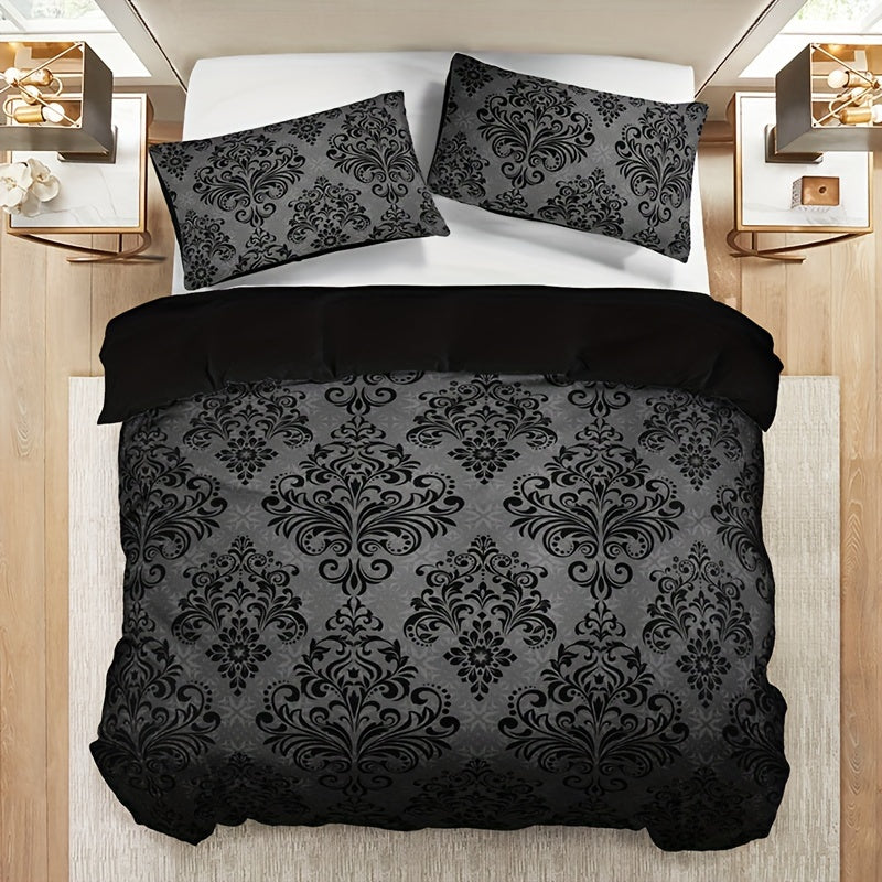 3pcs Black and Gray Floral Pattern Duvet Cover Set - 1 Duvet Cover + 2 Pillowcases, High-Definition Print, Polyester, All-Season Comfort, Machine Washable, Ideal for Home and Dorm Use, Dorm Room Essentials|Floral Pattern Bedd
