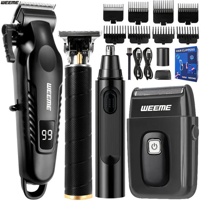 WEEME 4pcs Men'S Facial Grooming Kit: USB Fast Charging Electric Hair Clipper + T-Blade Trimmer + Shaver + Nose Hair Clipper for Shaving, Nose Hair Trimming, Carving Styling - LCD Battery Display - Perfect Gift for Father'S D