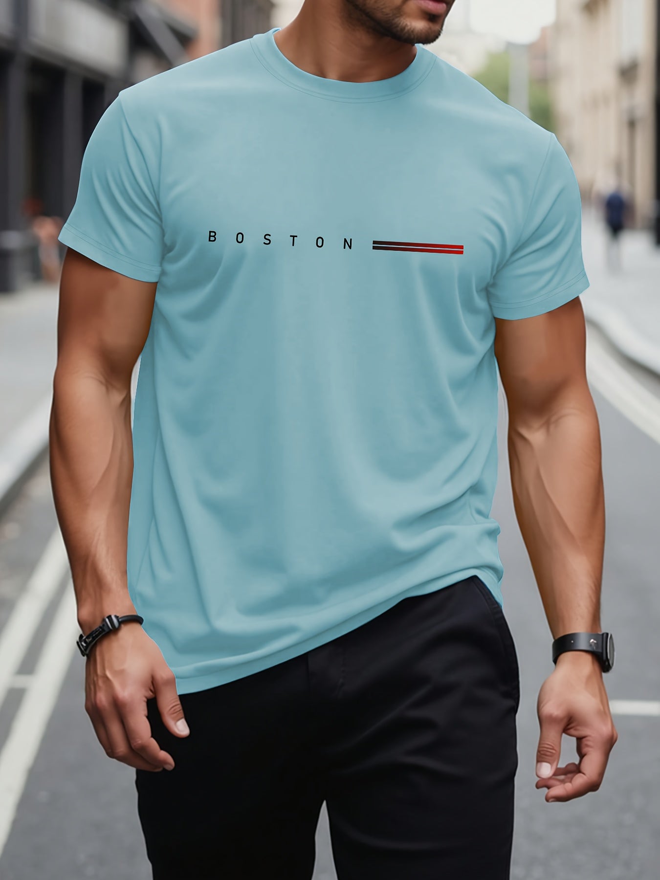 Men's 180gsm Heavyweight 100% Cotton T-Shirt with Boston Lettering Print - Casual Round Neck Short Sleeve, Regular Fit All-Season Comfort, White & Black Contrast Design for Everyday & Semi-Formal Wear - Boston-Themed Apparel