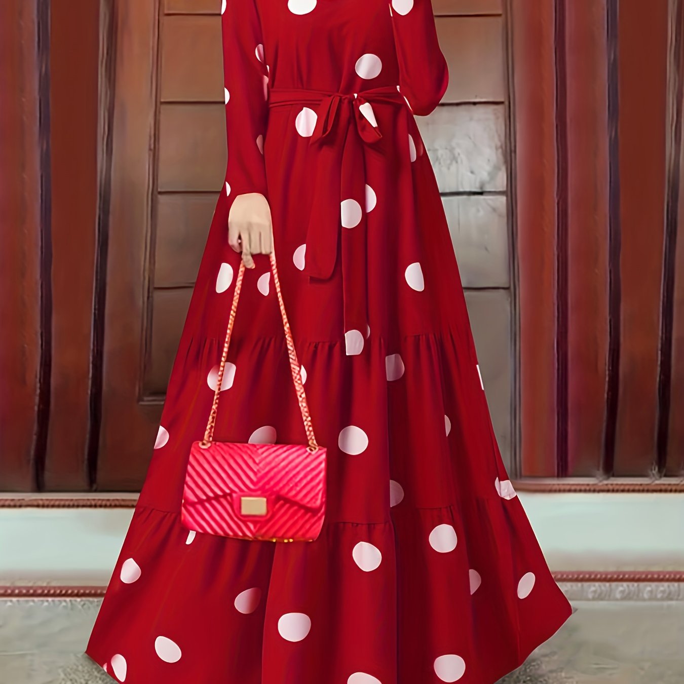 2023 New Women's Elegant Red & White Polka Dot Arabic Abaya Dress - Long Sleeve Round Neck with Adjustable Waist Tie, Machine Washable Lightweight Modest Cover for Spring Summer Fall, Abaya for Summer, Cultural Attire, Season