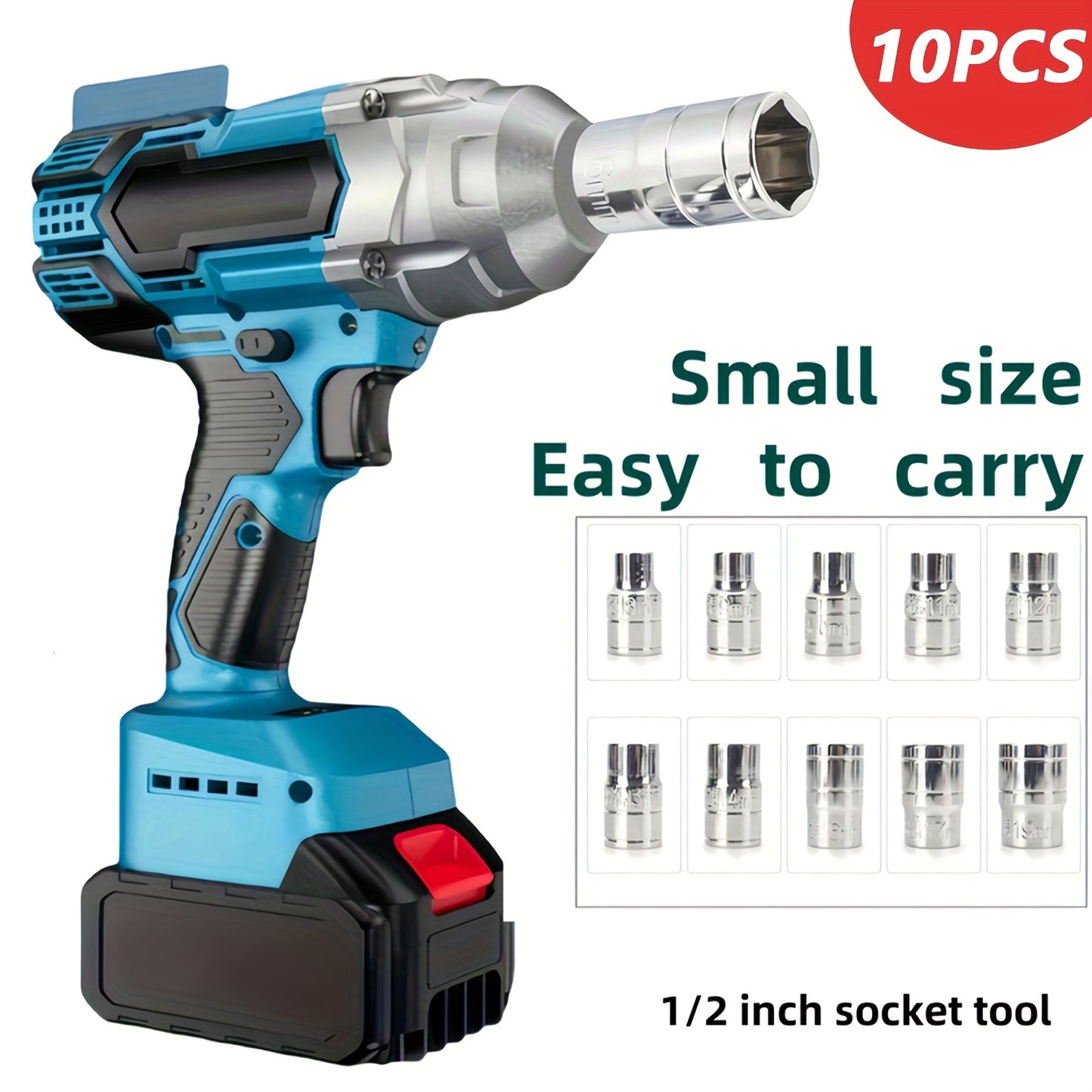 10pcs Wireless Impact Wrench Set with 1/2 Inch Drive Short Wall Metric Sockets (8mm-19mm) - Professional Automotive Repair Tools & Hand Tools, Heavy-Duty Impact Wrench for Car Maintenance, Machinery Repair, Durable Steel Cons