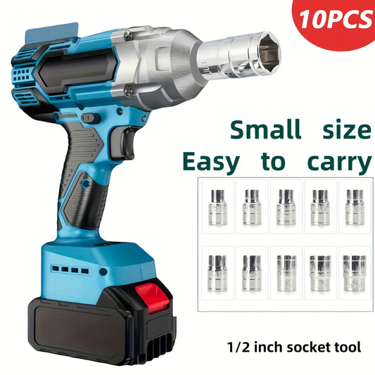 10pcs Wireless Impact Wrench Set with 1/2 Inch Drive Short Wall Metric Sockets (8mm-19mm) - Professional Automotive Repair Tools & Hand Tools, Heavy-Duty Impact Wrench for Car Maintenance, Machinery Repair, Durable Steel Cons