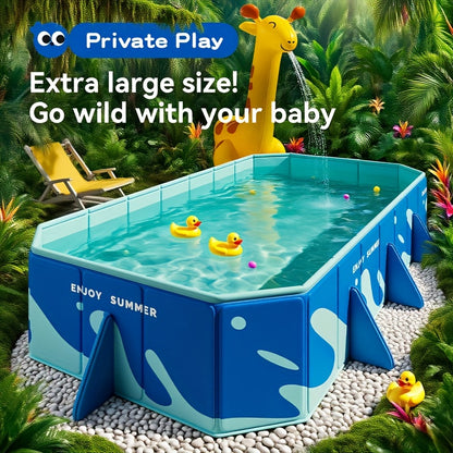 Quick Setup Foldable Rectangular PVC Inflatable Swimming Pool with Blue Wave Design & Safety Fence - Heavy-Duty Scratch-Resistant Construction, Manual Drain System, Smooth Surface for Outdoor/Indoor Use - Ideal for Parties, M