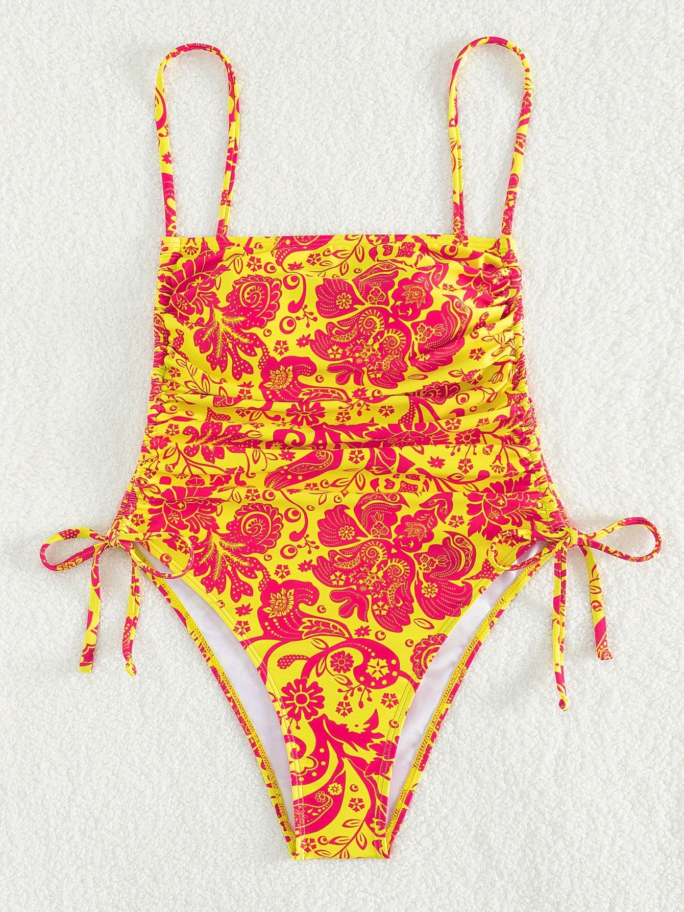 1pc Women'S Floral Print One-Piece Swimsuit with Drawstring Side - Vibrant Yellow & Pink Floral Design, High-Stretch Fabric, Perfect for Beach & Poolside, Beach Swimwear | Floral Swimwear | Highelasticity Fabric