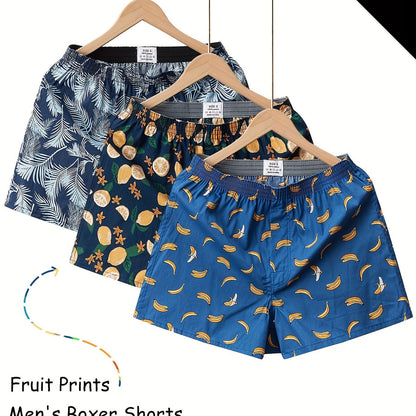 3 Pieces of Men's Comfortable Cotton Fruit Pattern Full Print Boxer Shorts with Breathable Fabric and Relaxed Fit for Everyday Wear