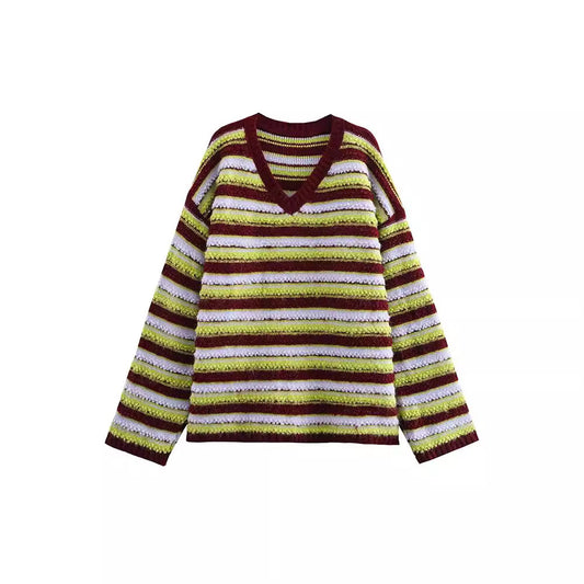 Retro loose lazy contrasting striped looped chicken neckline V-knit sweater