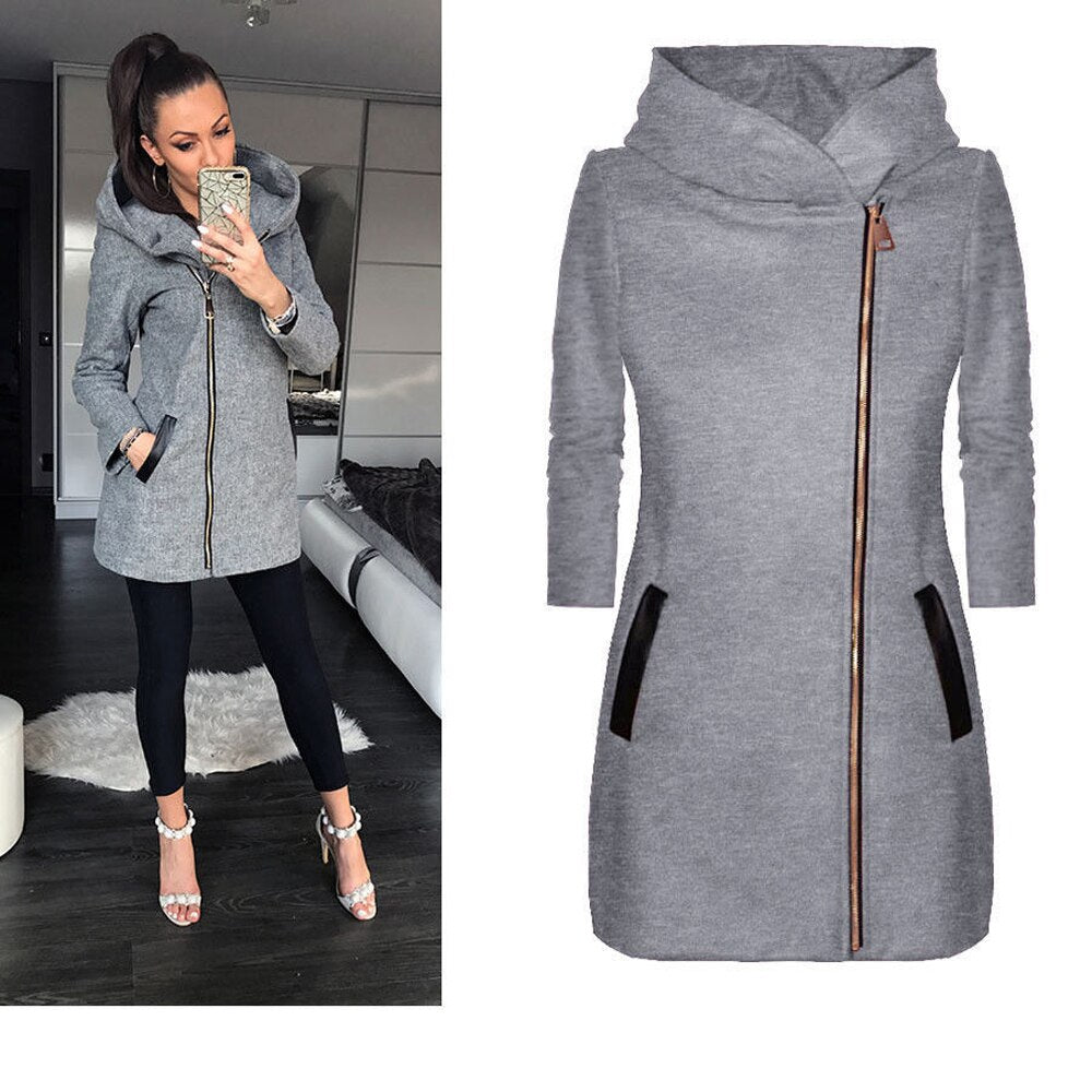 Winter women's high collar hooded colorblock zipper long sleeve coat jacket