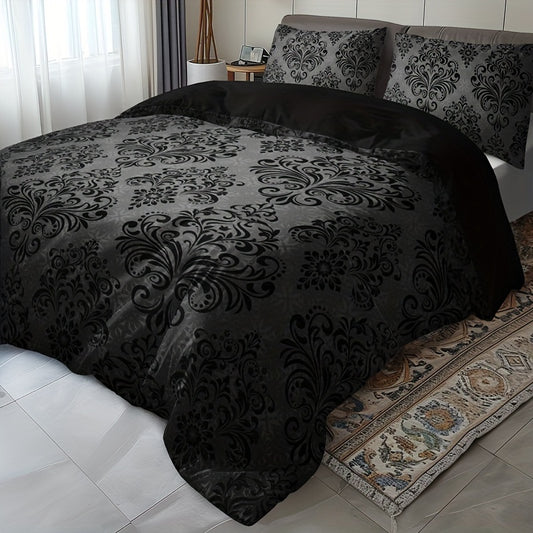 3pcs Black and Gray Floral Pattern Duvet Cover Set - 1 Duvet Cover + 2 Pillowcases, High-Definition Print, Polyester, All-Season Comfort, Machine Washable, Ideal for Home and Dorm Use, Dorm Room Essentials|Floral Pattern Bedd