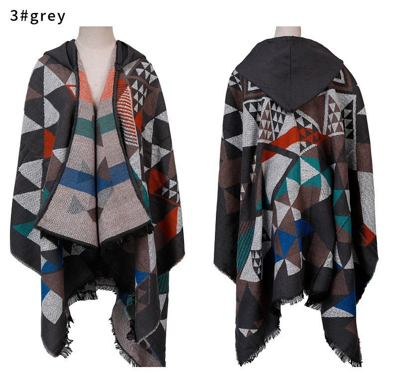 Hooded cape shawl women's plaid knitted shawl scarf shawl dual-purpose