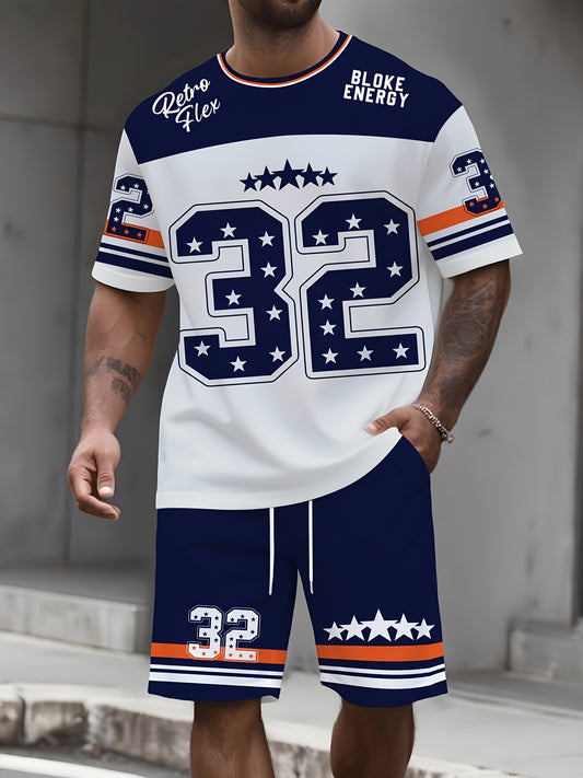 2pcs Set Men's Oversized Number 32 Jersey-like Matching Tunic & Athletic Shorts - Breathable White & Navy Blue with Orange Stripe Design, Number 32 Print, Drawstring Waist Casual & Sports Wear - Gym,, Birthday Party Outfit -
