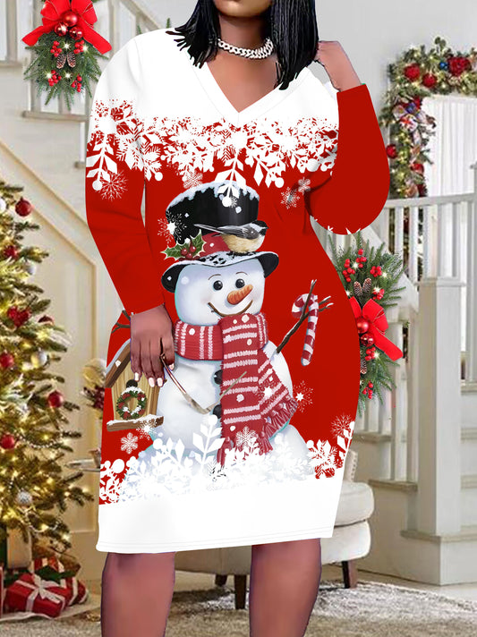 Women's 3D Christmas Snowflake & Snowman Print V-Neck Long Sleeve Dress - Red & White Festive Holiday Party Dress with Elastic Waistband, Machine Washable Casual Winter Outfit, Winter Wonderland Christmas Decorations, Medium