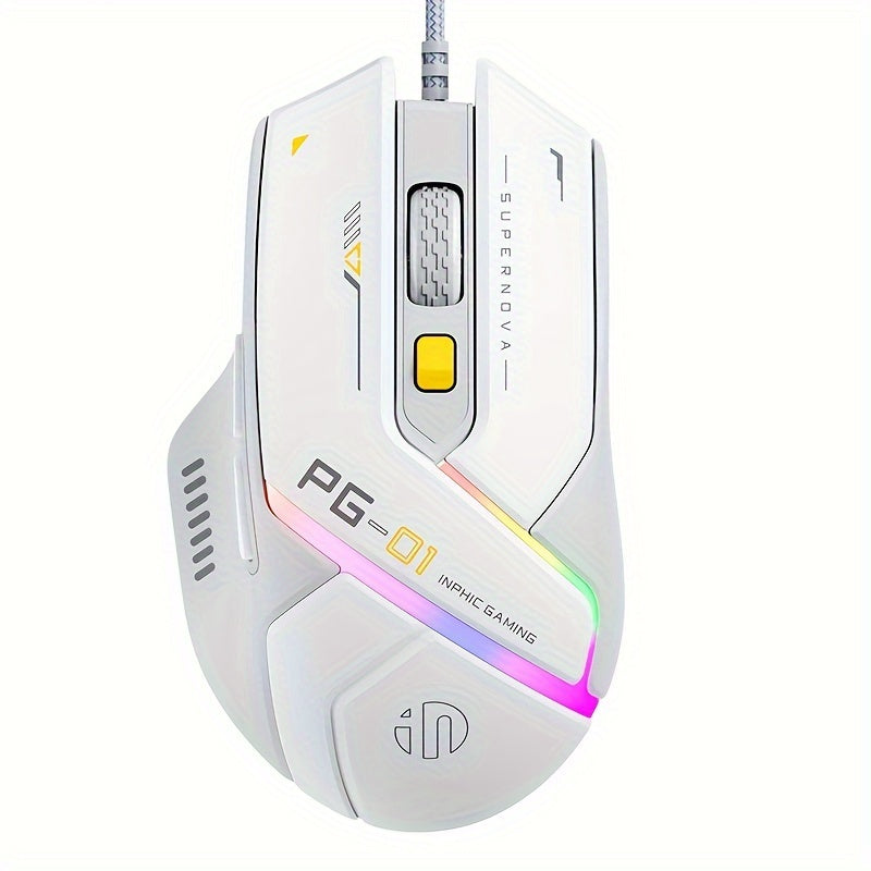 1pc INPHIC PG1 Wired Gaming Mouse, Ergonomic Design, Macro Programming, RGB Backlit, Optical Tracking, USB Plug-in, Windows 10 Compatible, Right-Handed, Plastic, No Battery Required