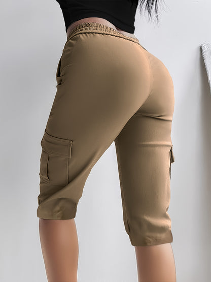 Women's Plus Size Cargo Capri Pants with Elastic Waistband & Side Pockets - Lightweight Polyester, Casual Spring/Summer Outdoor Wear, Beige, Capri Leggings
