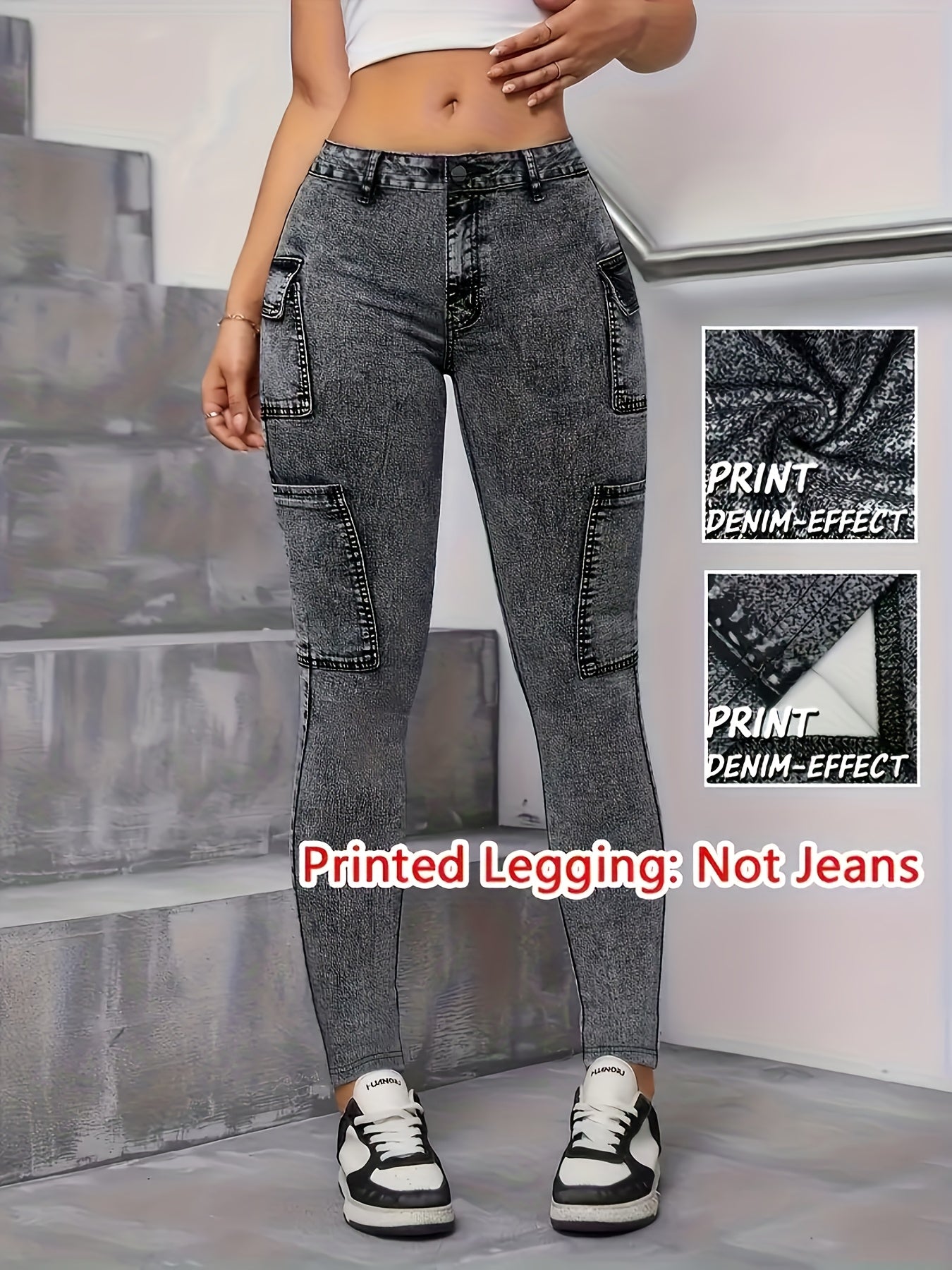 【imitation denim】[imitation Faux Denim][Faux Denim Print/Imitation Faux Denim] Women'S Non-Cow Faux Denim-Like Leggings - Stretchy Skinny Pants with Elastic Waistband, All-Season Tight Fit for Casual, Formal, Everyday Out