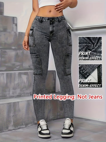 【imitation denim】[imitation Faux Denim][Faux Denim Print/Imitation Faux Denim] Women'S Non-Cow Faux Denim-Like Leggings - Stretchy Skinny Pants with Elastic Waistband, All-Season Tight Fit for Casual, Formal, Everyday Out