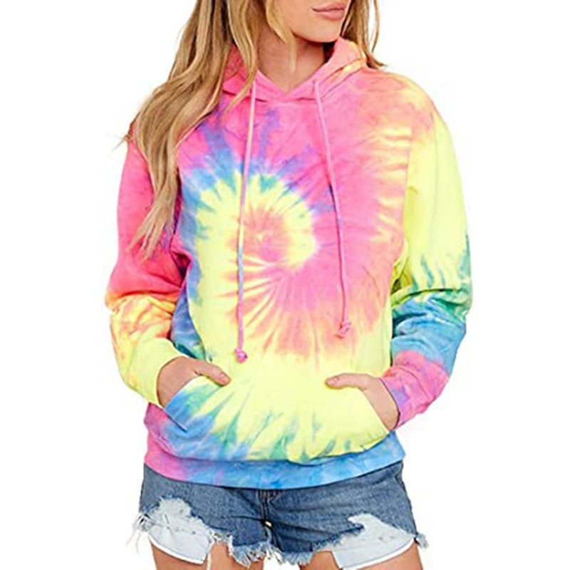 Europe and America Spring, Autumn and Winter New Women's Top Tie Dyed Hooded Long Sleeve Pocket Guards