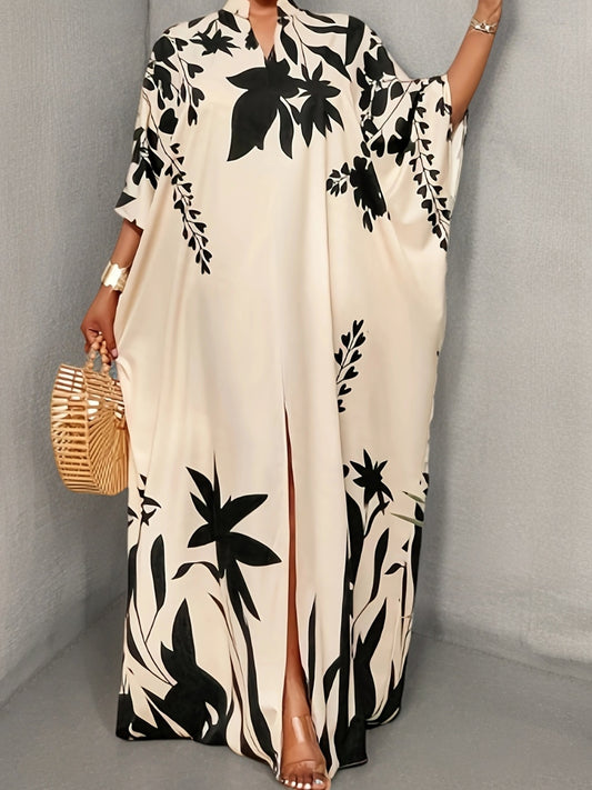 Plus Size, Women's Plus Size Elegant Maxi Maxi Dress with V-Neck & Batwing Sleeves - Tropical Palm Leaf Print in Blue & Beige, Floor-Length Formal & Semi-Formal Outfits, Machine Washable Lightweight Fabric for Beach Parties,