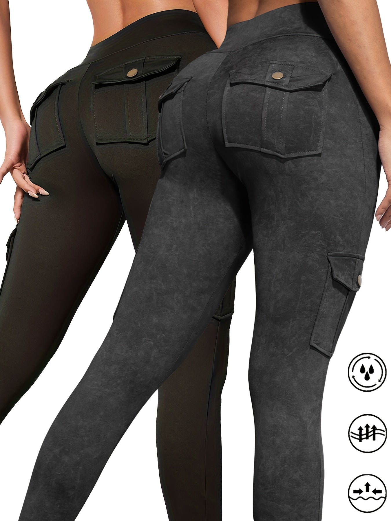 2pcs Women'S Cargo Leggings with Side Pockets - Olive Green & Black, Elastic Waistband, Mid-Rise, Stretchy Polyester Blend, Perfect for Outdoor & Casual Wear, Spring/Summer Collection, Versatile Clothing | Side Pocket Legging