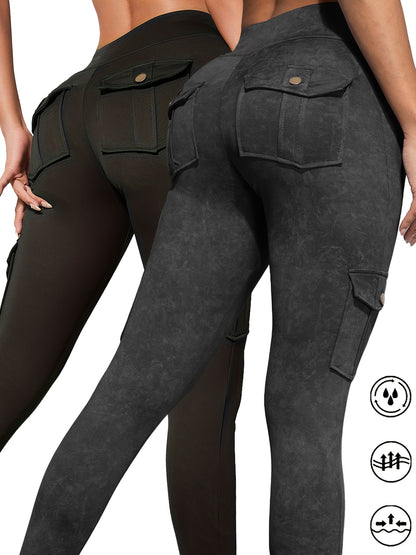 2pcs Women'S Cargo Leggings with Side Pockets - Olive Green & Black, Elastic Waistband, Mid-Rise, Stretchy Polyester Blend, Perfect for Outdoor & Casual Wear, Spring/Summer Collection, Versatile Clothing | Side Pocket Legging