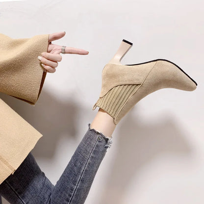Ankle Boots Women Autumn Pointed Toe Knitted Warm Elastic Women's Shoes Shoes Casual High Heels Platform Boots