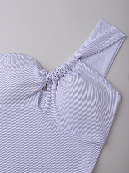 2pcs Set: White One-Shoulder Cinched Waist Bodysuit + Red Wide-Leg Pants with Tie | Elegant Solid Color, Sleeveless, Lace-Up Detail, Regular Fit for Spring/Summer