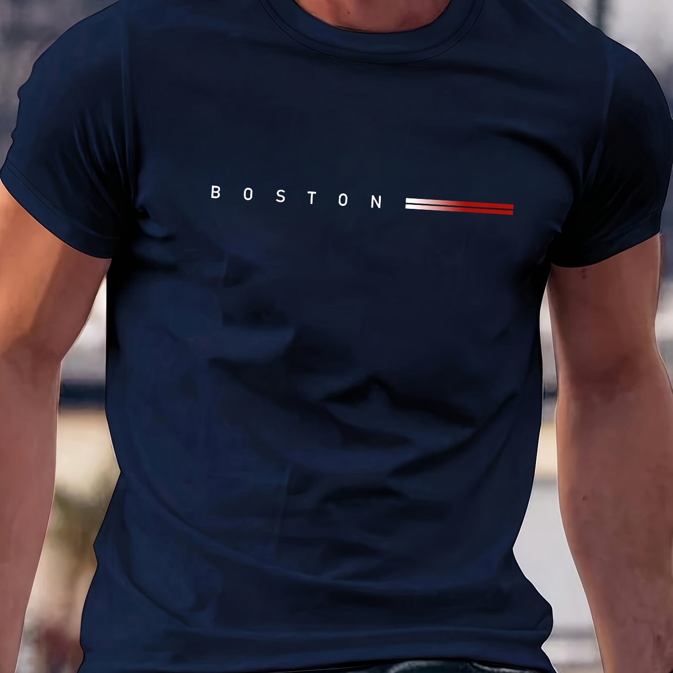 Men's 180gsm Heavyweight 100% Cotton T-Shirt with Boston Lettering Print - Casual Round Neck Short Sleeve, Regular Fit All-Season Comfort, White & Black Contrast Design for Everyday & Semi-Formal Wear - Boston-Themed Apparel