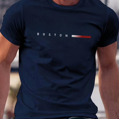 Men's 180gsm Heavyweight 100% Cotton T-Shirt with Boston Lettering Print - Casual Round Neck Short Sleeve, Regular Fit All-Season Comfort, White & Black Contrast Design for Everyday & Semi-Formal Wear - Boston-Themed Apparel