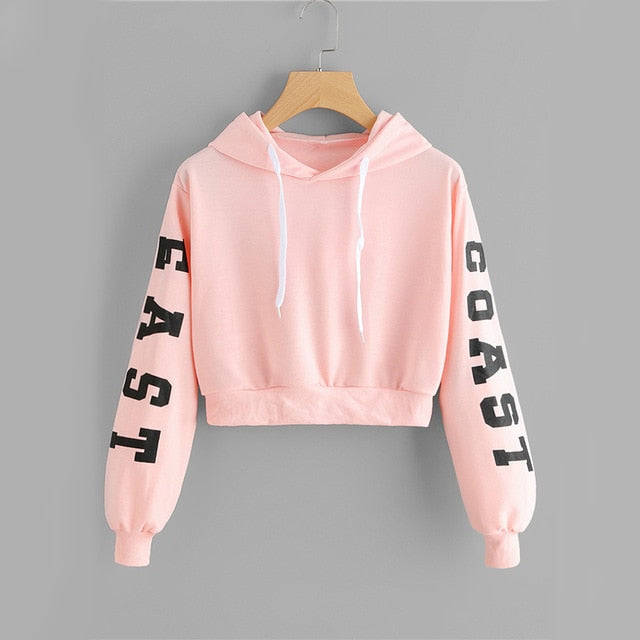 Pink Cropped Hoodies Drawstring Casual Women Letters Print Long Sleeve Hooded Sweatshirt Autumn Graphic Sweet Hoodies