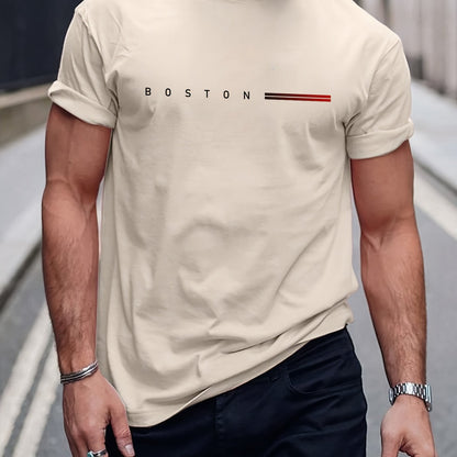 Men's 180gsm Heavyweight 100% Cotton T-Shirt with Boston Lettering Print - Casual Round Neck Short Sleeve, Regular Fit All-Season Comfort, White & Black Contrast Design for Everyday & Semi-Formal Wear - Boston-Themed Apparel