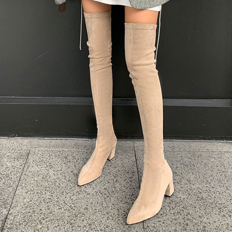 Apricot Cover Over-The-Knee Chunky Women’s Boots with Pointed Toe & Zip Closure – Stylish High Heel Winter Boots for Casual & Goth Fashion, Goth Fashion Boots | Chunky Heel Boots | Fabric Lined Boots, High Heel Boots